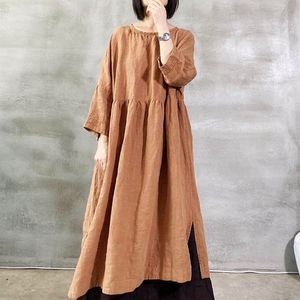 Johnature Cotton Linen Comfortable O-neck Pocket Nine Point Sleeve Solid Color Dress Autumn Women Loose Plus Size Dress 210521