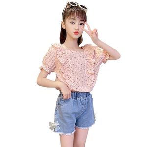 Kids Clothes Girls Dot Tshirt + Denim Skirt Clothing For Bow Teenage Summer Costumes Children 210528