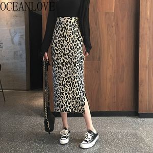 Mujer Faldas Leopard Sexy Autumn Winter High Waist Vintage Woman Knitted Fashion Long Skirts 19261 210415