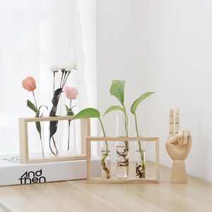 Vasi Home Provette creative Fioriera in vetro Terrario Vaso per fiori con supporto in legno Propagazione Pianta idroponica Ornamenti da tavola