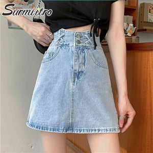 Vår sommar plus storlek S-5XL mode koreanska stil kvinnor blå denim hög midja mini skola jeans kjol kvinna 210421