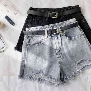 Ailegogo Summer Women High Waist Hole Blue Denim Shorts Casual Female Solid Color Frayed Black Jeans With Belt 210719