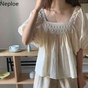 Neploe blusas kvinnor sommar lösa söta skjortor koreanska chic hoka hollow out blouse kvadrat krage puff kortärmad eleganta toppar 210422
