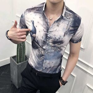 Англия Мужские Барочные Рубашки с коротким рукавом Повседневная Slim Fit Платья Рубашки Летний Павлин Рубашка Улица Клуб Социальные смокинг Рубашки 210527