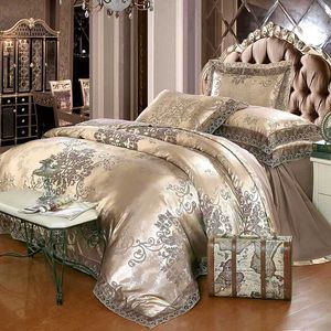 Luxury Jacquard Bedding Set King Queen Storlek BedsPread Cotton Duvet Cover Lace Satin Bed Sheet Set Pillowcases Hem Textil