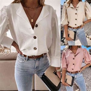 Fashion Button Wooden Ear Splicing Shirt Kvinnor Solid Färg Singelbröst V Neck Lantern Sleeve Pullover Blouse Femme Blusa 210517