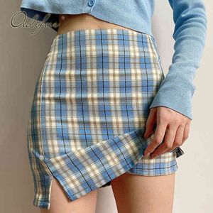 Sommer Frauen Plaid Mini Hohe Taille Blau Split Shorts Sexy Bodycon Bleistift Rock 210415