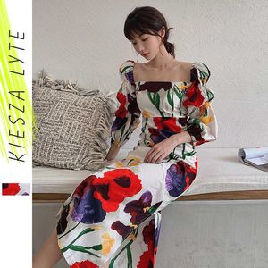 Francuski Retro Square Collar Dress Vintage Kwiatowy Print Lampion Rękaw Slim One-Step Slit Sukienki MIDI 210608