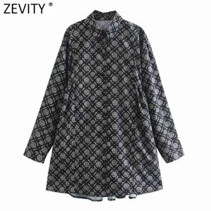 Primavera Mulheres Vintage Totem Flor Impressão Casual Camisa Loose Femme Manga Longa Placas Vestido Chic Retro Vestido DS4819 210416