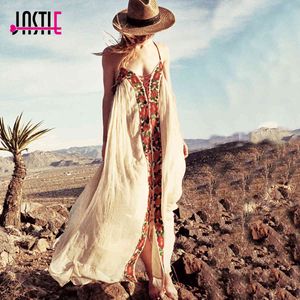 Jastie Free-Flowing Maxi Dress Floral Haft Boho Dress V-Neck Lace-Up Bez Ramiączek Sexy Sukienki Hippie Chic Kobiety Vestido Robe 210419