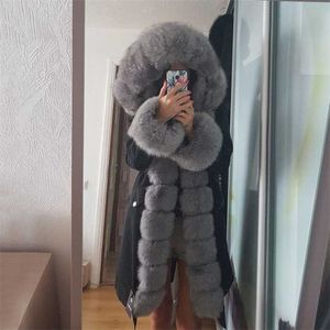 OFTBUY X-lange Parka Wasserdichte Oberbekleidung Echtpelz Mantel Winter Jacke Frauen Natürliche Kapuze Luxus Abnehmbare 211220