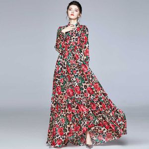 Женская весенняя мода женский стенд шеи роза цветочные печати Богемия с длинным рукавом партии Maxi платье Vestidos 210529
