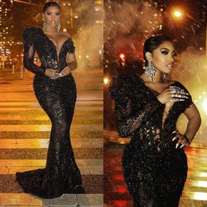 Modern Black Lace Mermaid Evening Dresses Cap Sleeve Singel Långärmad Beaded Formal Occasion Grows African Arabic Women Sexy See Through Trumpet Prom Dress 2022