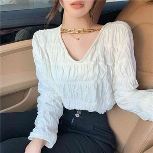 Korean Chic V-Neck Pleated Streetwear Gentle Loose Female Solid Basic All Match Brief Tops Arrival T-shirts 210421