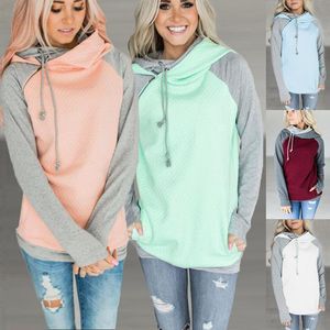 Kvinnors Tröjor 2021 Höst Double Cap Splicing Women Hoodie Sweatshirt Plaid Coat Sexig Loose Pullover Långärmad Zipper Upp J