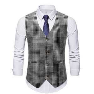 Kamizelki męskie dla mężczyzn Slim Fit V-Neck Plaid Site Breasted Siatek Kamizelka Top Casual Bez Rękawów Formalna Kurtka Biznesowa