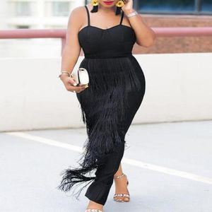 Plus Size Dresses Black Long Spaghetti Strap High Waist Tassel Evening Cocktail Party Gowns Fringe Outfits Drop Autumn