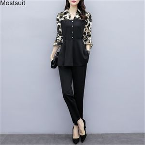 Elegant Two Piece Sets Women Plus Size Spring Autumn Long Sleeve Leopard Patchwork Tops And Stretchy Waist Pants Set Suit OL 210513