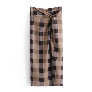 Elegant Women Brown Plaid Skirts Fashion Ladies Side Slit Streetwear Female Chic Draped High Waist Long 210430