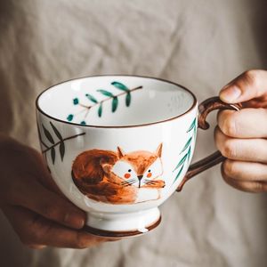 Nórdico estilo retro pintado à mão de cerâmica caneca xícara de chá de chá de café da manhã caneca de leite de café xícaras de café caneca pintado mão de água animal 210409