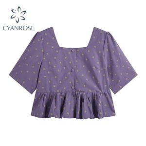 Cardigan Crop Shirts Blouses Women's Short Sleeve Summer Hem Pleated Retro Purple Tops Rok Leisure Ulzzang Square Collar Blusas 210515