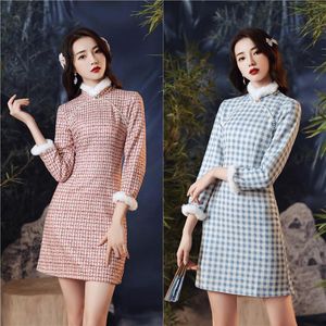 Ethnic Clothing Chinese Style Traditional Mandarin Collar Qipao Evening Dresses Retro Plaid Print Long Sleeve Cheongsam