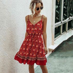 Vintage Floral Print Summer Sukienka Kobiety Sexy Strap Backless Wzburzyć Mini Dress V Neck Button Lace Up Hight Talia Boho Beach Dress 210507