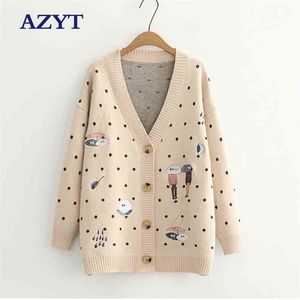 Azyt Autumn Dot Cartoon Print Knigan Damban V Neck Długie rękaw Knitshirt Tops Female Harajuku Knit Swater płaszcz 210917