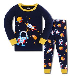 Springende Ankunft Space Rocket Print Nachtwäsche Herbst Winter Baby Pyjamas 3-8T Kinder Mode Hause Kleidung Set 2 stücke Anzüge 211224