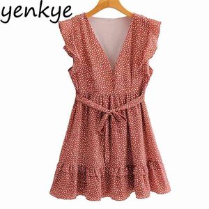 Vintage Print Summer Women Sexy Deep V Neck Butterfly Sleeve Dress sukienki femme Con cintura A-line Short Casual 210514