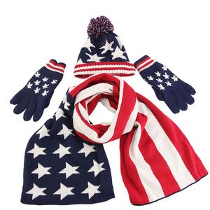 Christmas Gift Unisex kids American UK Flag design knitted hat scarf glove set Women Men Thick Wool Lining 3pcs suit Warm Set