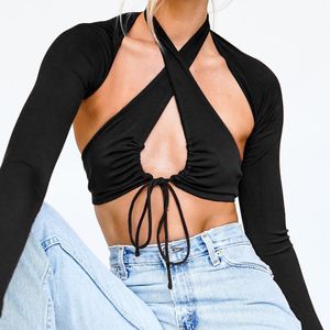 Women's T-Shirt Halter Hollow Out Bandage Super-Short Tank Women Top Cross Y2K E-Girls Separate Long Sleeve Skinny Solid Tops 2021