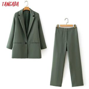 Tangada Damska Set Grey Green Casual Blazer Suit 2 Piece Set Kobieta Notched Collar Jacket Ladies Blazer Spodnie Zestawy DA109 210609