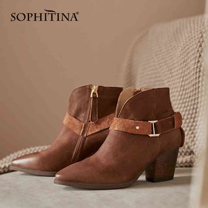 Sophitina Kvinnors Ankel Boots Pekad Cowboy Ankel Spänne Brun Chunky Heels Walking Western Höst Kvinnors Skor PO744 210513