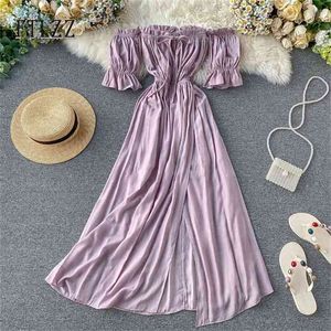 Moda donna Beach Dress Summer Off spalla Sexy Midi Abiti femminili Elegant Ladies Ruffles Violet Long Robe 210525