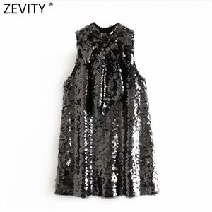 Women High Street O Neck Bow Tied Shinning Sequins Party Mini Dress Female Chic Sleeveless Vest Vestido DS4893 210416
