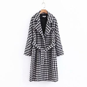 여성 겨울 houndstooth 인쇄 트렌치 여성 패션 가을 따뜻한 코트 여성 가변 허리 슬림 Abrigos Mujer Invierno 210520