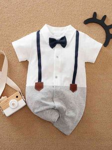 Yieriing Baby Boy Bow Detail Patched Shirt Romper Sher