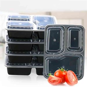 10PCS Meal Prep Portable Bento Box Plastic Reusable 3 Compartment Lunch Box Food Storage Container with Lid Microwave Dinnerware 210818