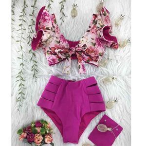 High Waist Bikini V-Neck Swimwear Women Swimsuit Push Up s Bathing Suit Ruffle Summer Beach Wear 210722