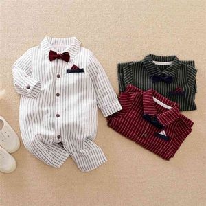 Spring and Autumn Baby Boy Gentleman Bowknot Decor Stripe Long-sleeve Jumpsuit for 210528