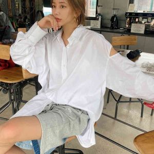 Moda manga oca preguiçoso sol solto camisa longa tops coreano roupas chique mulheres primavera e outono blusas 12354 210417