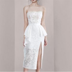 Elegant White Lace Dress For Women Sexy Spaghetti Strap Sleeveless High Waist Ruffle Split Dresses Summer Fashion 210520