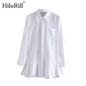 女性の白いプリーツのシャツのミニドレス長袖のターンダウンカラーオフィスESソリッドカジュアルAラインvestidos 210508