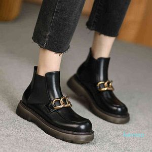 Black Chelsea Boots Women Genuine Leather Chunky Thick Sole Autumn Winter Shoes Slip on Motorcycle Platform Booties