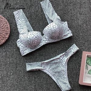 Женская купальственная кожа Snake Skin Print Bikini 2021 Push Up Swimsuit Женщины Thong Brazilian Две штуки плавать плавание костюма Upplowire Biquini