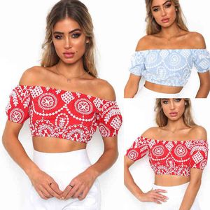 Fashion Women Ladies Summer Sweet Tops 2 Style Off Shoulder Slash Neck Floral Print Short Length Tops Size S/M/L/XL X0507