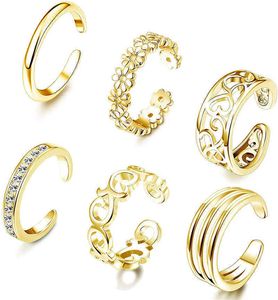 6st Summer Beach Foot Smycken Öppna Ringar För Kvinnor Justerbar Midi Finger Toe Band Ring Set Presenter Vit CZ