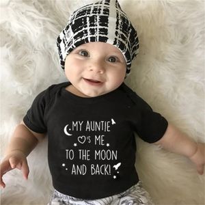 Romper recién nacido Mi tía me ama a la luna y la espalda impresión de manga corta bebé bebé niño gracioso ropa de mono 2389 Q2