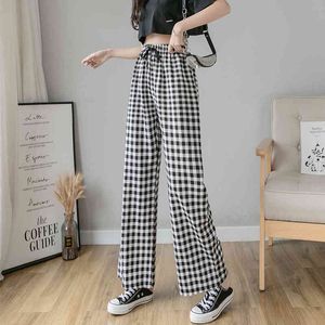 Women Wide Leg Pant Fashion Female Casual Cotton and Line Plaid s Elastic Waist Loose Trousers Spring Summer 210423